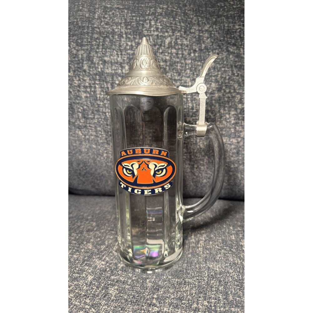 Auburn Tigers Glass Beer Stein Mug Pewter Hinged Lid War Eagle NCAA Football
